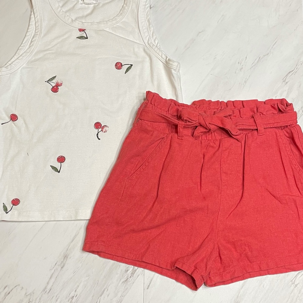 Girls cherry tank and red paperbag shorts set